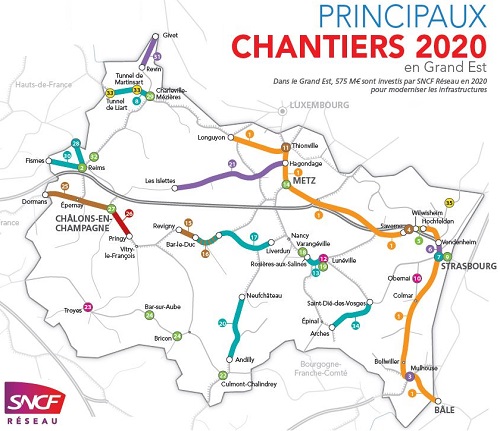 Carte des principaux chantiers réalisés par SNCF Réseau en Grand Est en 2020