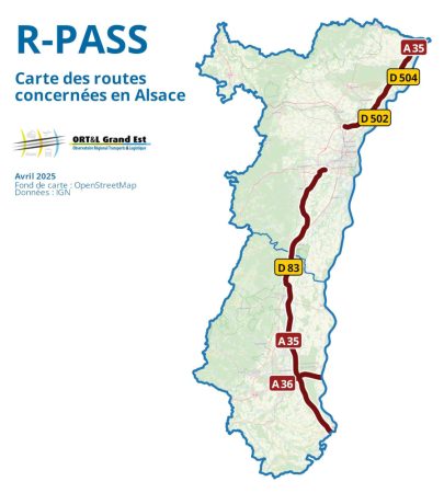 Carte des routes concernées en Alsace par la mise en place de R-Pass