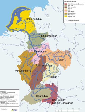 Carte des différentes sections du bassin du Rhin ; Réalisation : Bundesanstalt für Gewässerkunde (BfG)