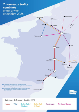 Carte des nouveaux trafics combinés rail-route entre janvier et octobre 2026 (SNCF Réseau)